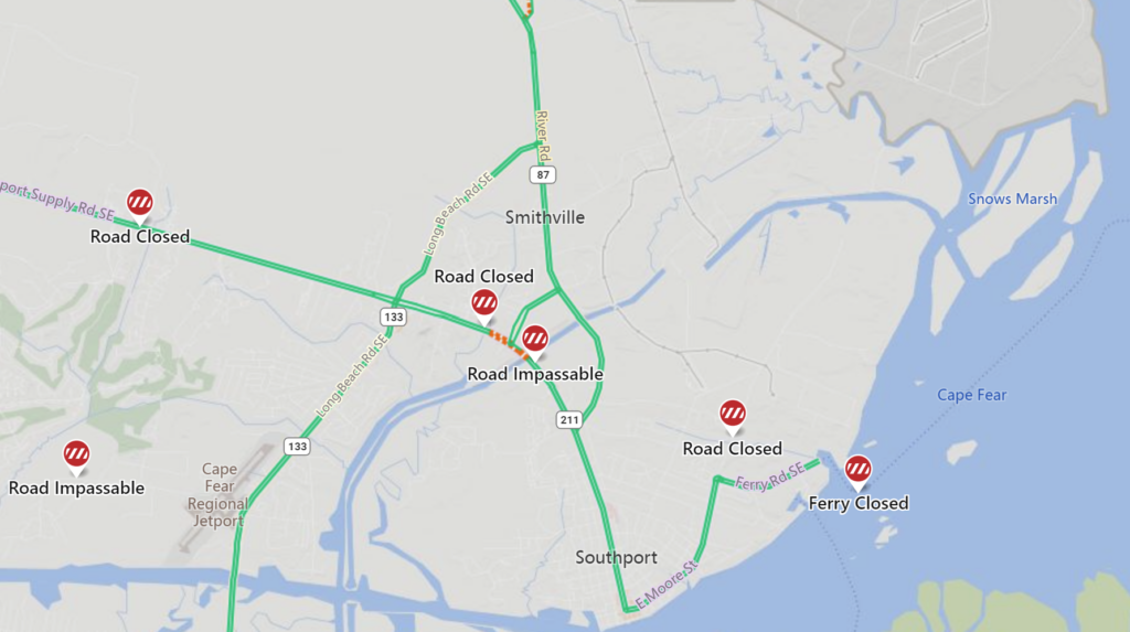 Map showing multiple road closures and impassable routes around Smithville and Southport.